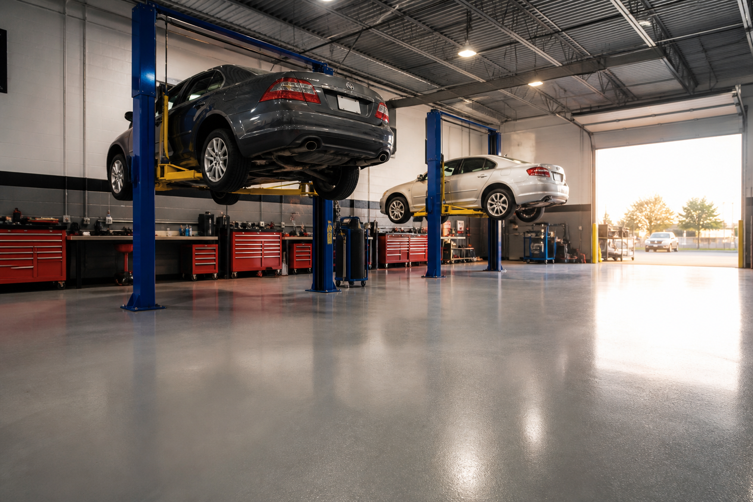Vehicles on lifts inside the Automotive Concierge KC service bay in Raytown, MO